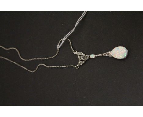 Silver marcasite and large central opal pendant necklace