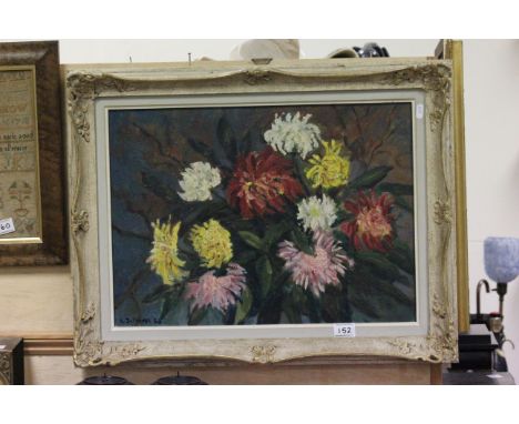 Framed Still Life Oil on canvas of Chrysanthemums signed and dated R J Grover 58n