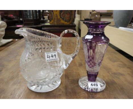 Cut glass Lamp Base with purple overlay and a cut glass Water jug