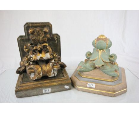 Gesso carved Wooden bracket & a painted Pottery example