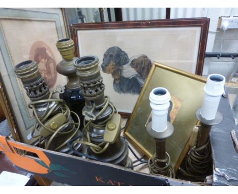 Box of vintage Lamps and framed & glazed Prints