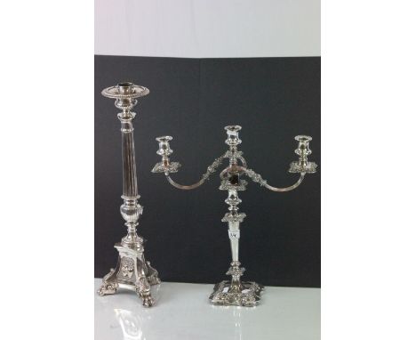 Silver plate on Copper Candelabra for three candles plus Church Style Candlestick