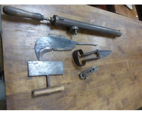 Vintage R L Schmidt Herb Chopper, Brass Garden Sprayer, Sheep Daggers, Chopper Blade, etc