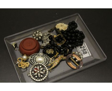Tray of Vintage Jewellery including 9ct Gold Cross and an Enamel Buckle