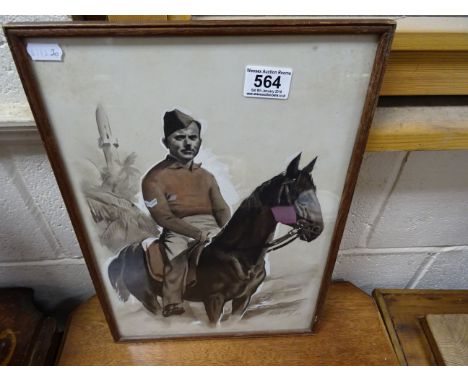 Framed and Glazed World War II Watercolour Portrait of Soldier on Horseback with Cairo in the background signed in pencil and