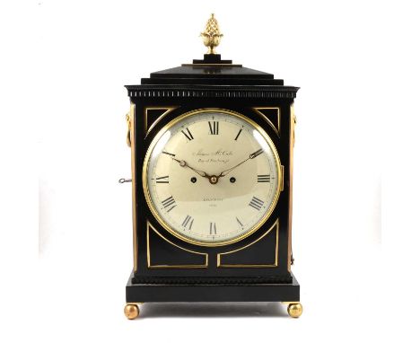 George IV ebonised bracket clock, acorn finial, side ring handles, stepped top, ball feet, circular painted dial signed James