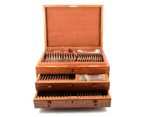 Matched silver canteen of cutlery, Goldsmiths &amp; Silversmiths Co., London 1932 and 1936, fiddle pattern handles with engra