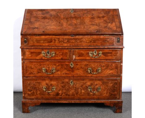 George III walnut bureau, the top and front with herring bone stringing, fitted interior with pigeon holes, drawers, cupboard