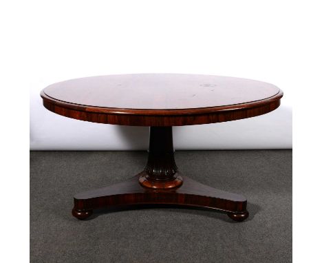 Victorian rosewood breakfast table, circular top with moulded edge, plain frieze, turned and carved column, tripod plinth bas