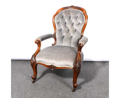 Victorian walnut framed armchair, carved hoop-back, scrolled arms, serpentine seat, cabriole legs, button dralon upholstery, 