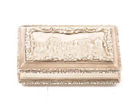 William IV silver castle-top snuff box, Nathaniel Mills, Birmingham 1836, the lid with a view of Windsor Castle, in cast outl
