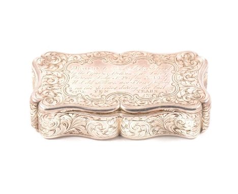 Oddfellows interest; Victorian silver snuff box, Edward Smith, Birmingham 1850, serpentine outlines, engraved with scrolls an