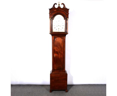 Mahogany long-case clock, the hood with swan-neck pediments, turned Corinthian columns, trunk with long door, on bracket feet