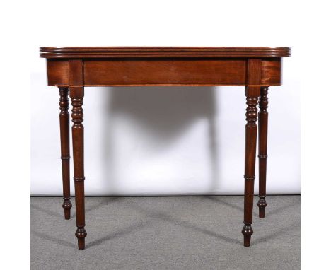 George III mahogany card table, D-shape fold-over top with reeded edge, enclosing a baize lined interior, plain frieze, turne