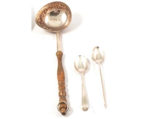 George III silver mote spoon, probably by Hester Bateman, pierced bowl, pointed terminal, 14cm; George III silver teaspoon by
