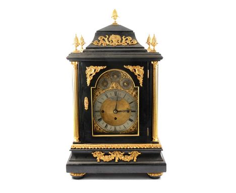 Large Victorian ebonised bracket clock, Restoration style with gilt metal mounts, 18cm arched brass dial with chime/silent, s