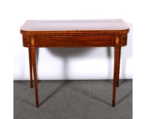 George III inlaid mahogany card table, D shaped foldover top with satinwood crossbanding, baize lined interior, shell inlaid 