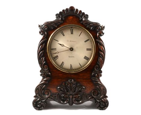 William IV rosewood bracket clock, carved and scrolled case, silvered dial, signed W Mottram, London, twin fusee movement, st