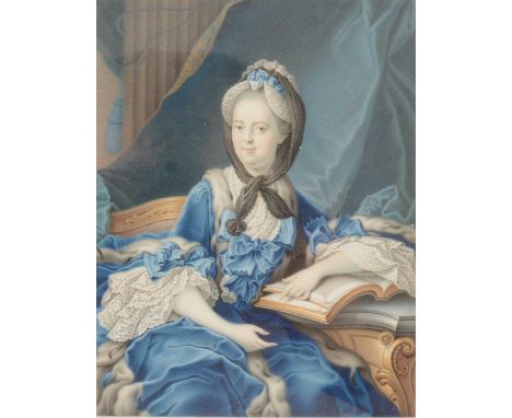 English School,Miniature portrait of a lady in a blue dress, three quarter length seated,unsigned, on vellum,13x10cm.