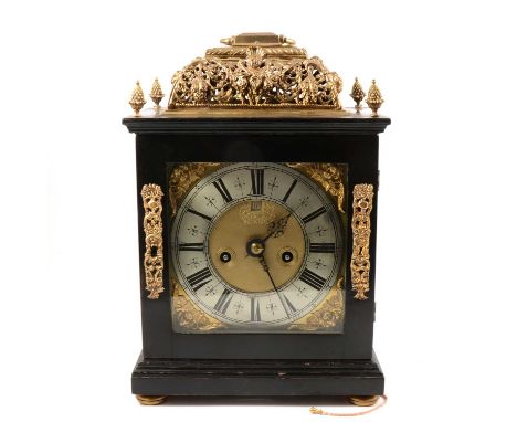 Ebonised bracket clock, 17th Century style, probably 18th Century, cast pierced top with carrying handle, acorn finials, cast