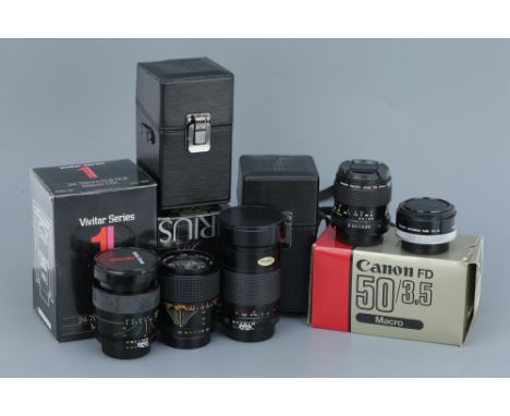 A Small Selection of Four Lenses,including Canon FD Macro f/3.5 50mm, Vivitar Series 1 f/2.8-3.5 28-90mm, Vivitar Series 1 f/