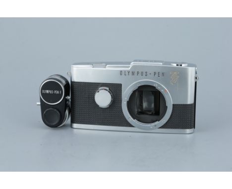An Olympus Pen F SLR Camera,Gothic 'F', chrome, serial no. 134390, body, G-VG, shutter working, complete with Olympus-Oen F l