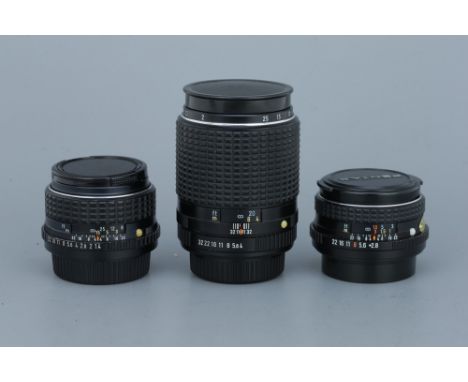 Three Pentax-M Prime Lenses,including f/1.4 50mm, f/2.8 28mm and Dental Macro f/4 100mm, overall bodies, VG, overall elements