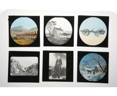 Magic Lantern Slides of Trains and Railways,collection of various hand-colored slides showing early trains and transport alon
