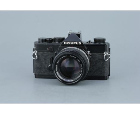 An Olympus OM-1 SLR Camerablack, serial no. 270247, with Zuiko MC Auto-S f/1.4 50mm lens, black nose, serial no. 913677, body