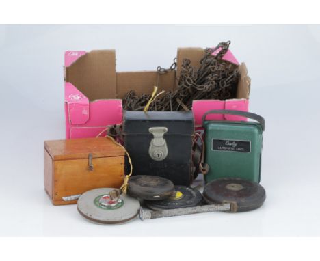 Collection of Survey Equipment,Including a surveyors chain, three leather covered survey tape measures and one other and a ca