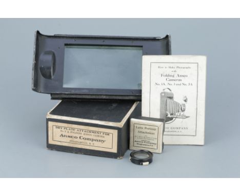 A Dry Plate Attachment for Ansco No. 3-A Folding Camerawith original box, manual, and a Lens Portrait Attachment, (a lot)