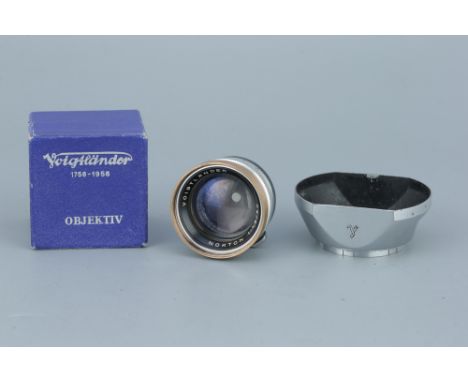 A Voigtlander Nokton f/1.5 50mm Lens,chrome, serial no. 3948903, body, VG, elements, VG, some very light cleaning marks to th