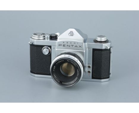 An Asahi Pentax AP SLR Camera,chrome, serial no. 144133, with Takuar f/2.2 55mm lens, body, VG, shutter working, lens, F-G, s