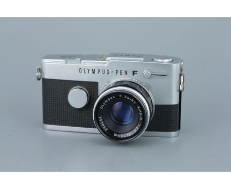 An Olympus Pen F SLR Camerachrome, serial no. 159128, with F.Zuiko Auto-S f/1.8 38mm lens, black, serial no. 290154, body, G-