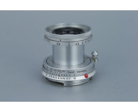 A Leitz Elmar f/2.8 50mm Lens,chrome, serial no. 1617982, body, G, elements, F-G, some light cleaning marks and internal haze