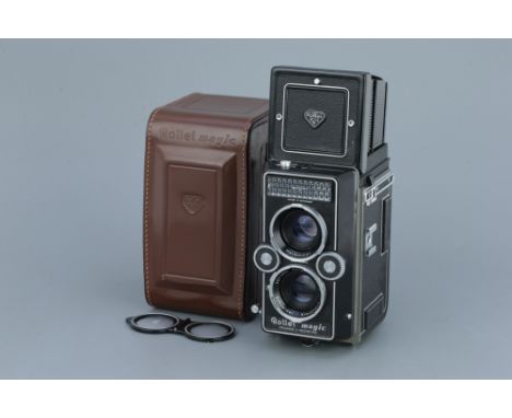 A Rollei Magic TLR Camera,serial no. 2516514, with Schneider Xenar f/3.5 75mm lens, body, G-VG, shutter not tested, crack to 