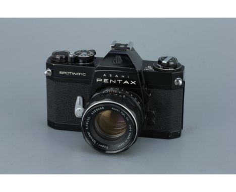 An Asahi Pentax Spotmatic SP II SLR Camera,black, with Asahi Super-Takumar f/1.8 55mm lens, body, G-VG, shutter working, lens