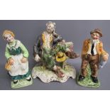 Capodimonte figure of a man on the bench and man and woman spill vases