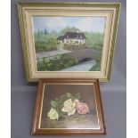 Framed oil on board thatched cottage on a country lane signed BM Ablott 66cm x 56cm & roses, no