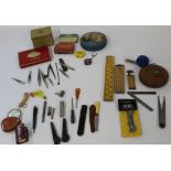 Selection of tape measures and rulers (wood and steel), selection of old tins, selection of tweezers