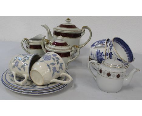 Copeland Blue 3 cups and saucers, Angel China Nagoya teapot, milk jug, sugar bowl, plus other ceramics