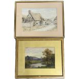 Two watercolurs of a village street scene with cottages & a landscape with a river in the