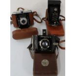 3 roll film cameras, Ikonta Compur + access, Zeiss Ikon Nettar II, No 2 folding Autographic Brownie