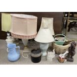 Various table lamps, carved Japanese figure etc (2 boxes)