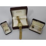 Rotary mens electro gold plated quartz watch, plus matching gold coloured tie pin and cufflinks