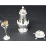 Silver plate sugar shaker (17cm), silver plate salt with spoon, silverplate vase