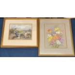 Myles Birket Foster print & a pastel of flowers
