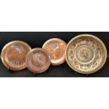 4 x copper / silver Egyptian wall plaques - largest 30cm dia.