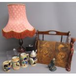 Wooden portrait panels signed Kweti, daughter of warrior figurine, wooden figure, newspaper rack and