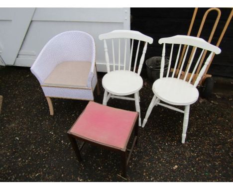 Lloyd Loom style commode, 2 painted pine chairs and footstool